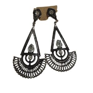 Boho Silver Tone Rhinestone Chandelier Earrings Geometric Filigree Dangle